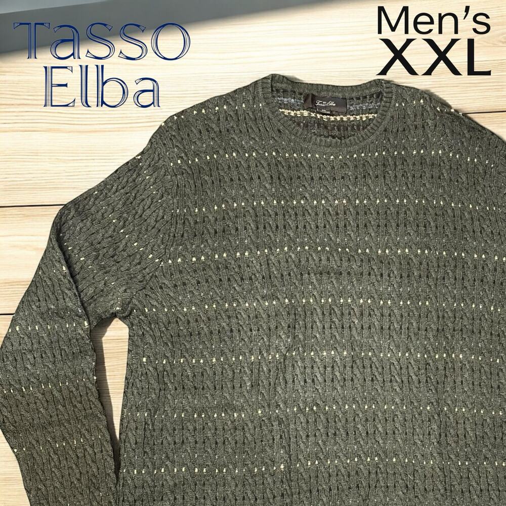 Men's 90's Grunge Olive & Tan Long Sleeve Cable Knit Sweater XXL Tasso Elba